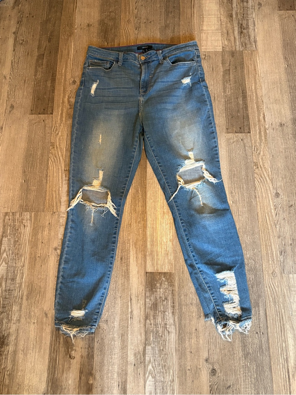 Forever 21 Distressed Medium Blue Boyfriend Jeans